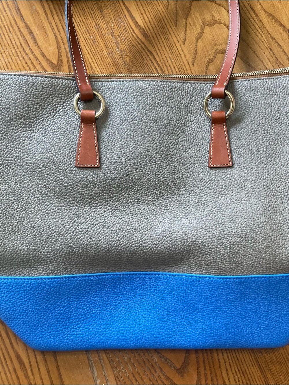 Dooney & Bourke Gray and Bright Blue Pebble Leather Tote with Brown Handles - Picture 4 of 10